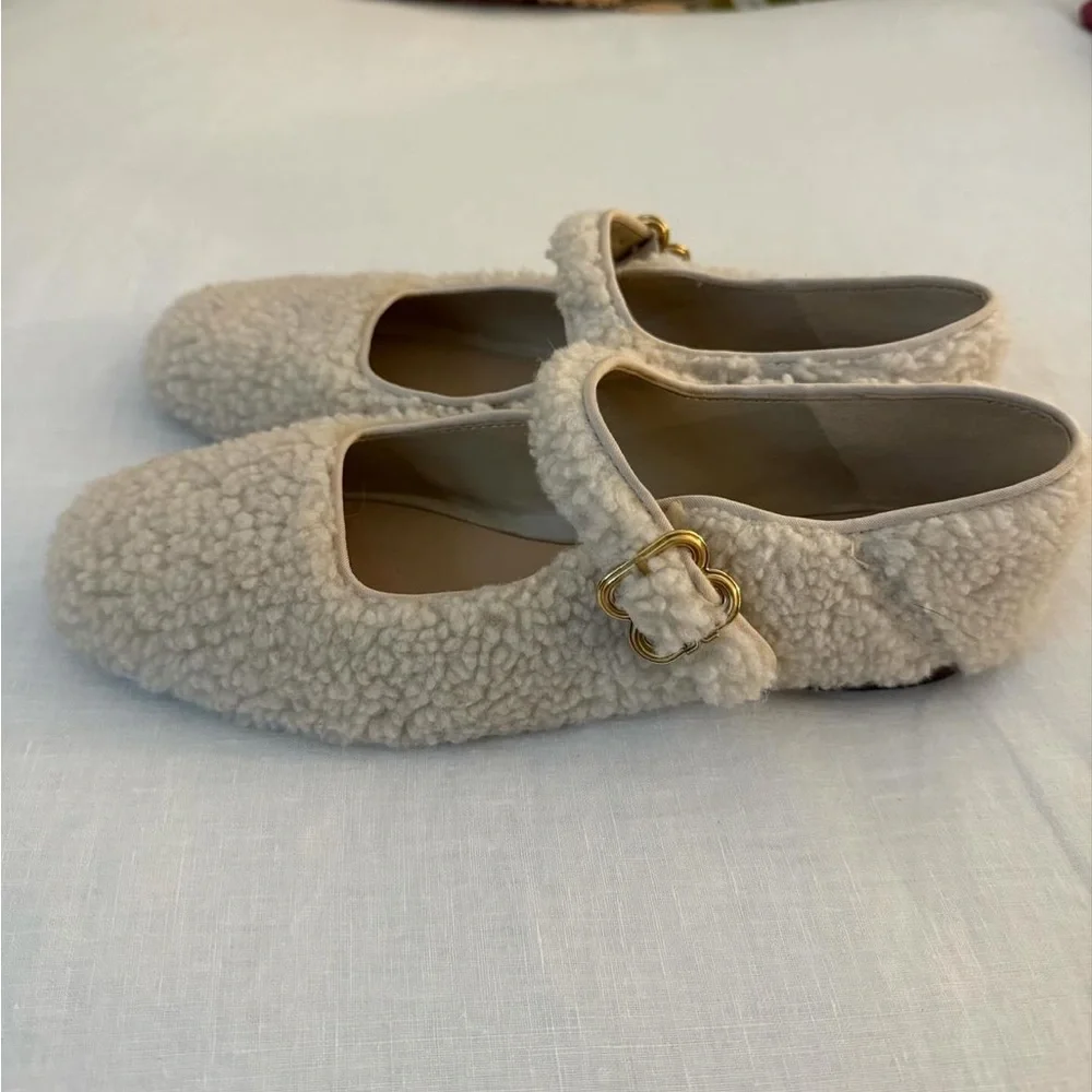 Cream Faux-Shearling Mary Jane Flats